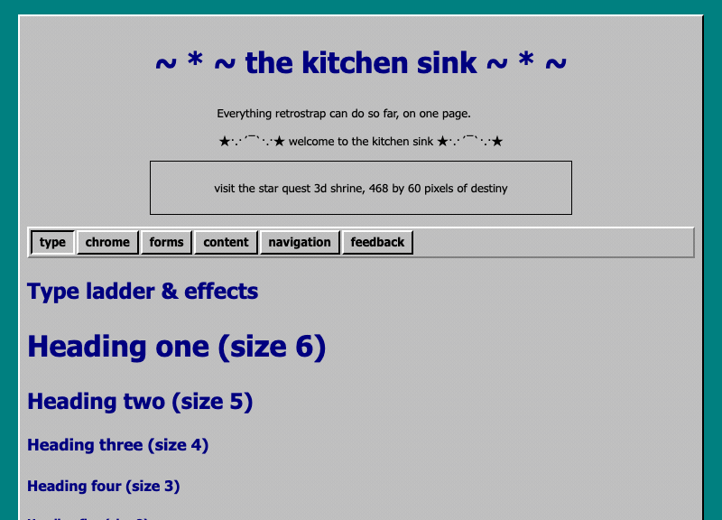 The kitchen-sink page cycling through all ten retrostrap themes